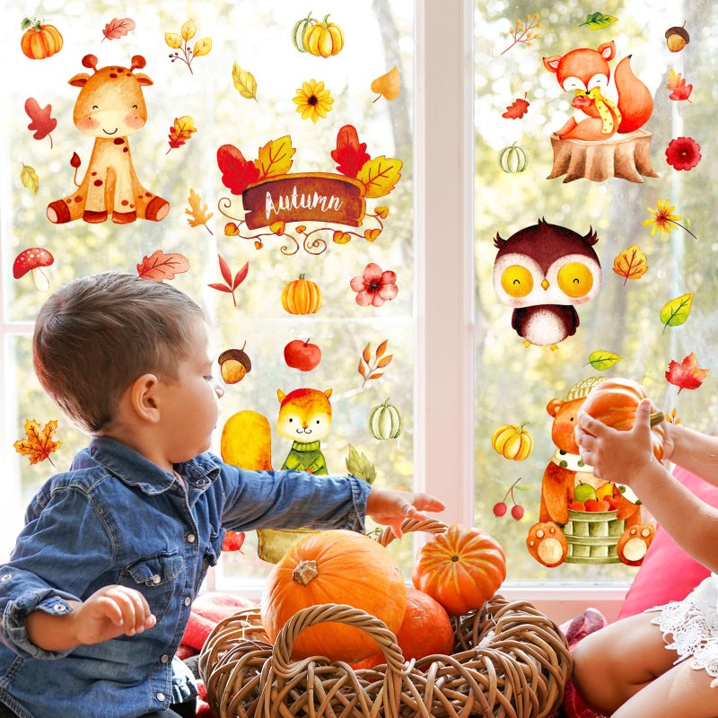 Whaline Fall Window Clings Watercolor Animal Maple Leaves Window Stickers Double-Side Glass Decals for Autumn Thanksgiving Home Party Decoration  7.9 x 11.8 Inch  9 Sheet - Image 4