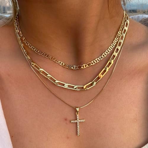 Pancert Cross Necklace for Women,Stackable Stacked Stacking Layering Layered Necklaces Dainty Gold Necklace Paperclip Box Flat Mariner Chain Necklace Cross Pendant CZ Diamond Simple Jewelry Gift - Image 3