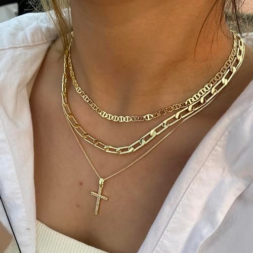 Pancert Cross Necklace for Women,Stackable Stacked Stacking Layering Layered Necklaces Dainty Gold Necklace Paperclip Box Flat Mariner Chain Necklace Cross Pendant CZ Diamond Simple Jewelry Gift - Image 4