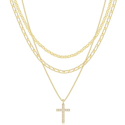 Pancert Cross Necklace for Women,Stackable Stacked Stacking Layering Layered Necklaces Dainty Gold Necklace Paperclip Box Flat Mariner Chain Necklace Cross Pendant CZ Diamond Simple Jewelry Gift - Image 1