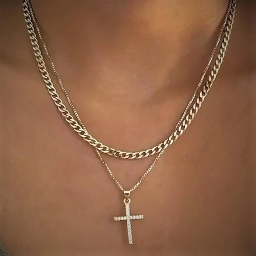 Pancert Cross Necklace for Women,Stackable Stacked Stacking Layering Layered Necklaces Dainty Gold Necklace Paperclip Box Flat Mariner Chain Necklace Cross Pendant CZ Diamond Simple Jewelry Gift - Image 5