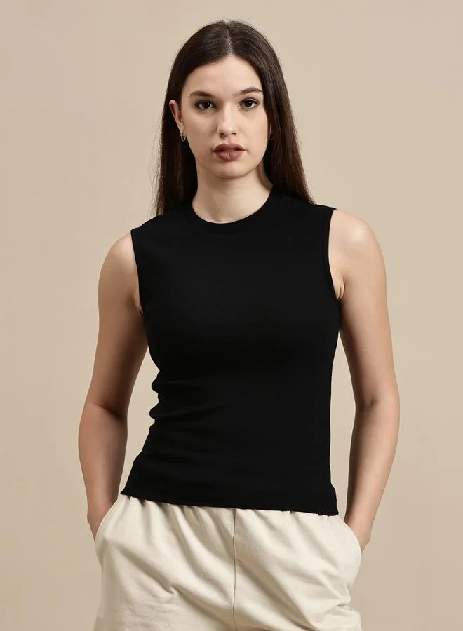 ECOLORE Black Solid Sleeveless Top