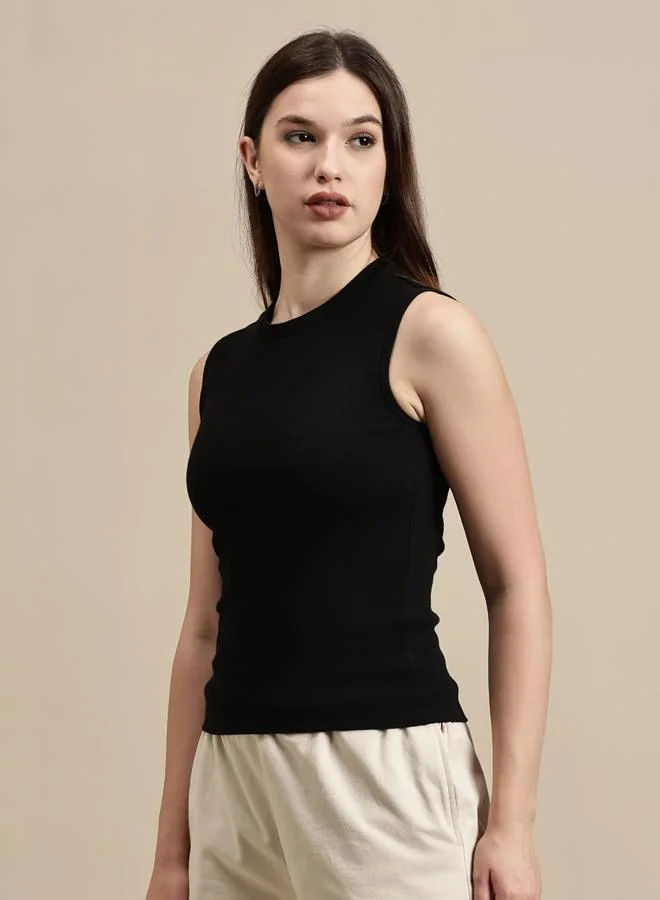 ECOLORE Black Solid Sleeveless Top