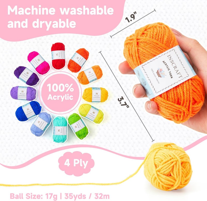 Inscraft 48 PCS Crochet Yarn Kit, 1400 Yards 40 Colors Acrylic Yarn Skeins, 2 Crochet Hooks, 2 Weaving Needles, 4 Stitch Markers, 1 Bag, for Crocheting & Knitting, Gift for Beginners and Adults - Image 4