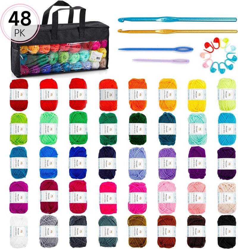 Inscraft 48 PCS Crochet Yarn Kit, 1400 Yards 40 Colors Acrylic Yarn Skeins, 2 Crochet Hooks, 2 Weaving Needles, 4 Stitch Markers, 1 Bag, for Crocheting & Knitting, Gift for Beginners and Adults - Image 2