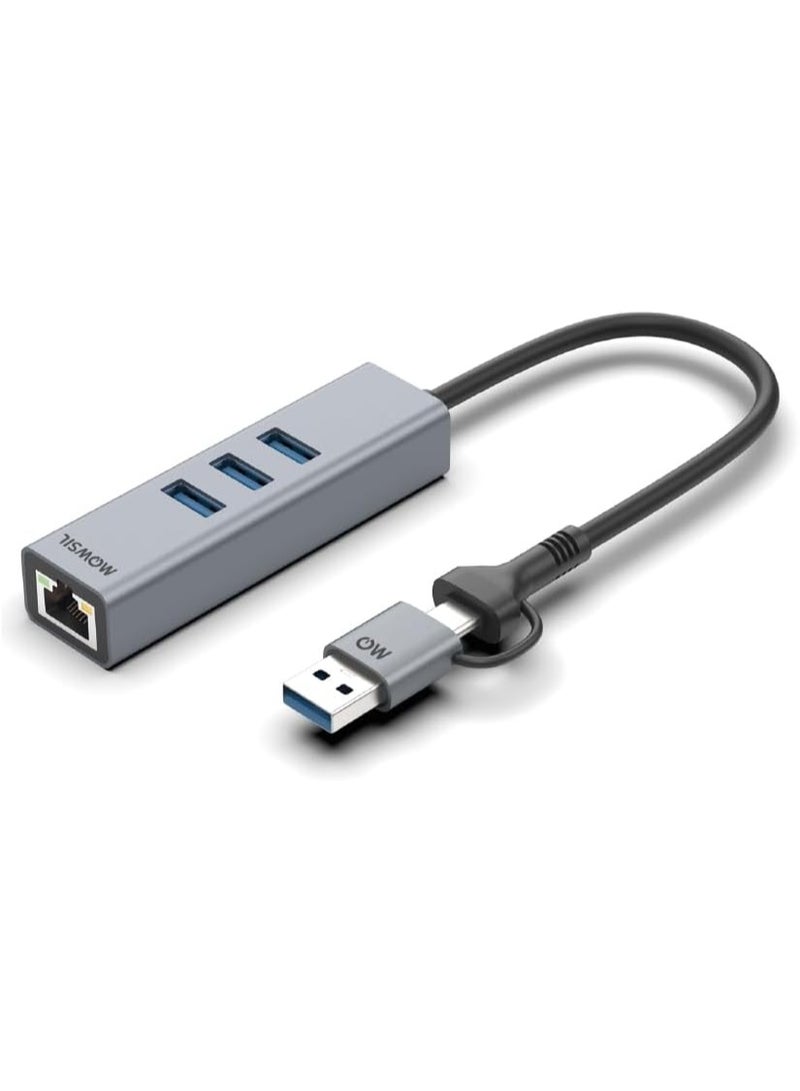 Mowsil USB 3.0 Hub, 3× USB-A 5Gbps, Gigabit Ethernet & Charging Port, USB-A with Detachable USB-C Adapter, 8 cm Cable, Aluminum Body - Image 1