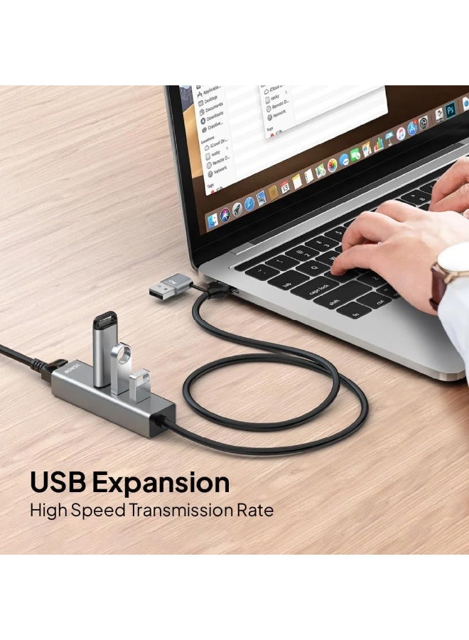 Mowsil USB 3.0 Hub, 3× USB-A 5Gbps, Gigabit Ethernet & Charging Port, USB-A with Detachable USB-C Adapter, 8 cm Cable, Aluminum Body - Image 3