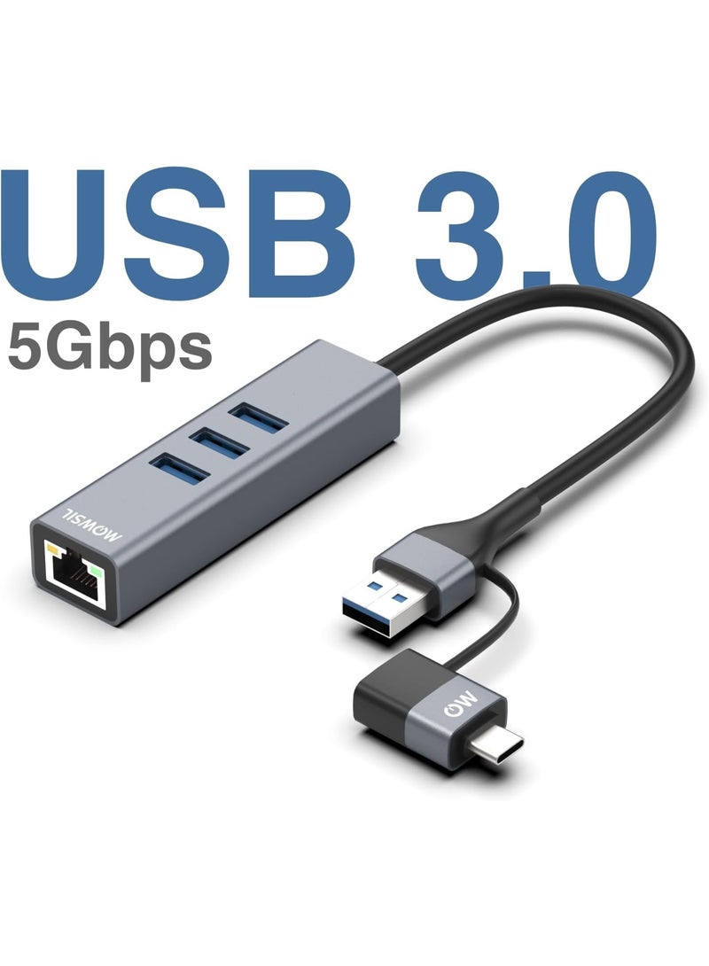 Mowsil USB 3.0 Hub, 3× USB-A 5Gbps, Gigabit Ethernet & Charging Port, USB-A with Detachable USB-C Adapter, 8 cm Cable, Aluminum Body - Image 4