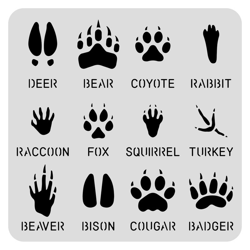 BENECREAT 12 Type Animal Footprint Paw Stencils, 12x12" Deer/Bear/Rabbit/Fox/Turkey Drawing Stencils for Wood Wall Painting and Scrapbooking - Image 2