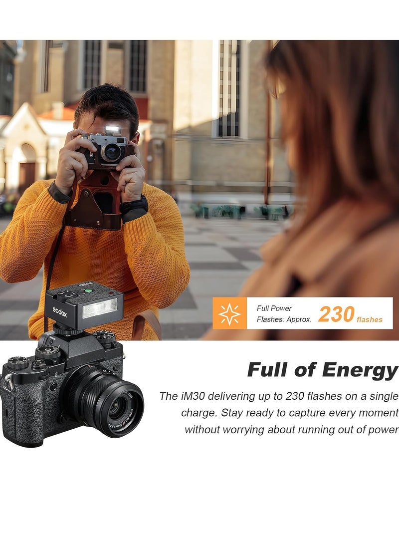 Godox iM30 Mini Flash Camera Flash, GN15 7 Levels Flash Output CCT 6500K±200K Mini Flash Speedlite 230 Full Power Flash for Canon Sony Nikon Fuji Olympus Camera  - Image 5