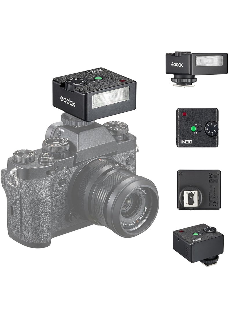 Godox - iM30 Mini Flash Camera Flash, GN15 7 Levels Flash Output CCT 6500K±200K Mini Flash Speedlite 230 Full Power Flash for Canon Sony Nikon Fuji Olympus Camera - Image 1