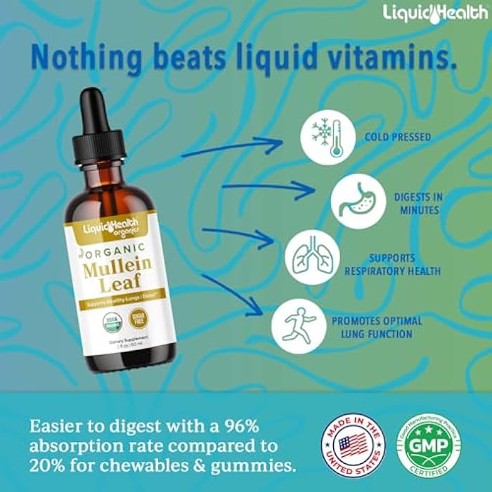 LIQUIDHEALTH USDA Organic Mullein Leaf Extract Drops for Lungs - Herbal Cleansing Drops for Smokers, Immune Support, Respiratory Health - 1000mg, 60-Day Supply, Sugar-Free, Made in USA (2 fl oz) - Image 2