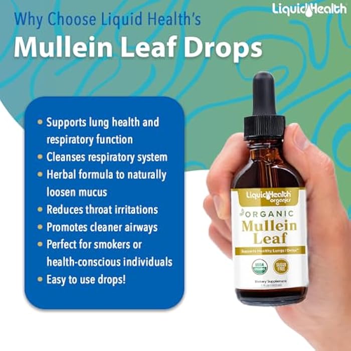 LIQUIDHEALTH USDA Organic Mullein Leaf Extract Drops for Lungs - Herbal Cleansing Drops for Smokers, Immune Support, Respiratory Health - 1000mg, 60-Day Supply, Sugar-Free, Made in USA (2 fl oz) - Image 3