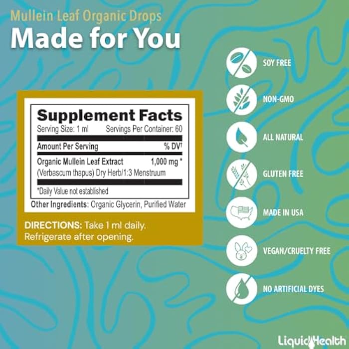 LIQUIDHEALTH USDA Organic Mullein Leaf Extract Drops for Lungs - Herbal Cleansing Drops for Smokers, Immune Support, Respiratory Health - 1000mg, 60-Day Supply, Sugar-Free, Made in USA (2 fl oz) - Image 5