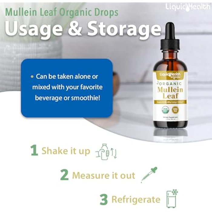 LIQUIDHEALTH USDA Organic Mullein Leaf Extract Drops for Lungs - Herbal Cleansing Drops for Smokers, Immune Support, Respiratory Health - 1000mg, 60-Day Supply, Sugar-Free, Made in USA (2 fl oz) - Image 4