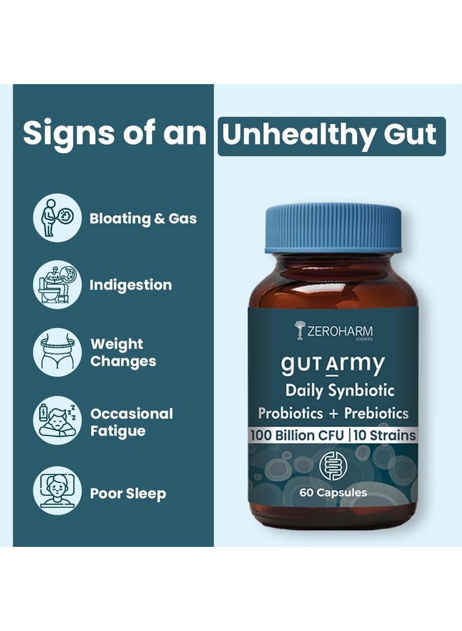 ZEROHARM Gut Army Prebiotics & Probiotics - 10 Unique Strains Blend -100 Billion CFU - With Inulin & Probiotics Blend - Supports Gut Digestion Health & Bowel Movement - 60 Capsules By ZEROHARM - Image 3