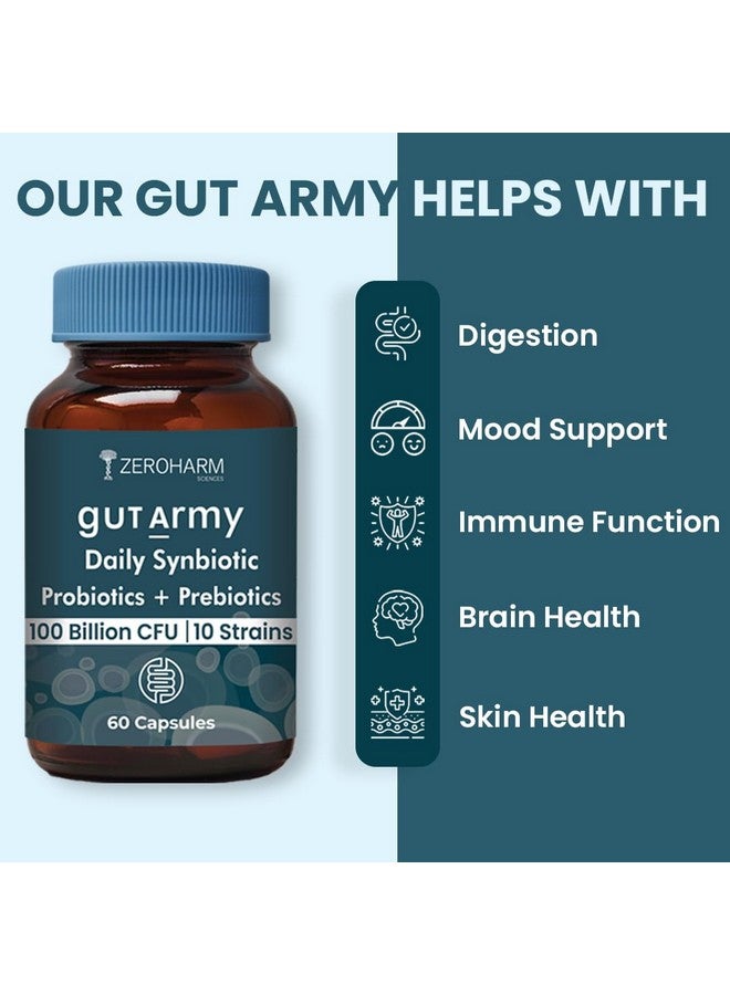 ZEROHARM Gut Army Prebiotics & Probiotics - 10 Unique Strains Blend -100 Billion CFU - With Inulin & Probiotics Blend - Supports Gut Digestion Health & Bowel Movement - 60 Capsules By ZEROHARM - Image 4