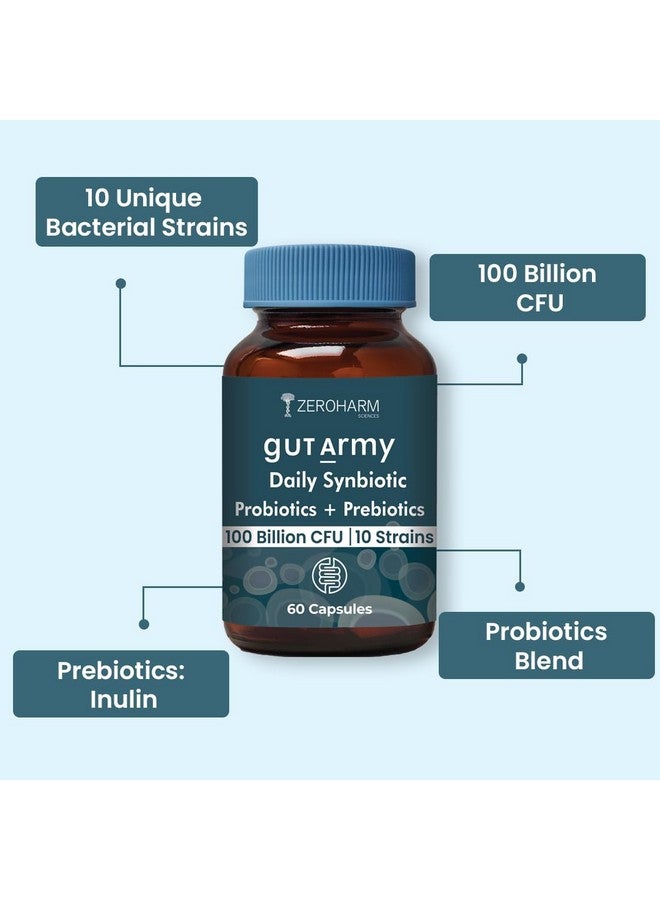 ZEROHARM Gut Army Prebiotics & Probiotics - 10 Unique Strains Blend -100 Billion CFU - With Inulin & Probiotics Blend - Supports Gut Digestion Health & Bowel Movement - 60 Capsules By ZEROHARM - Image 2