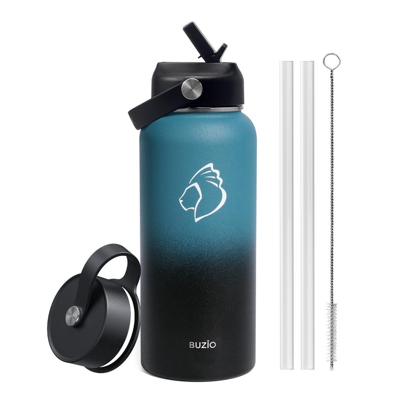 BUZIO Water Bottle with Straw Lid and Flex Cap  32oz Modern Double Vacuum Stainless Steel Water Flask  Cold for 48 Hrs Hot for 24 Hrs Simple Thermo Canteen Mug  Indigo Black - Image 1