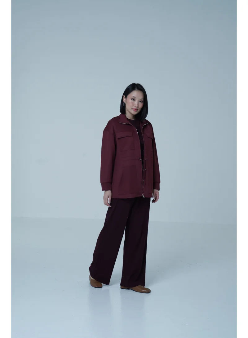 Ashita Fernandes  High-Neck Zip-Front Jacket – Burgundy for Women | Best Price UAE