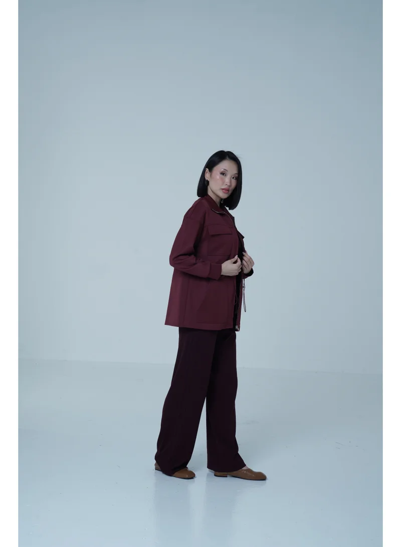 Ashita Fernandes  High-Neck Zip-Front Jacket – Burgundy for Women | Best Price UAE