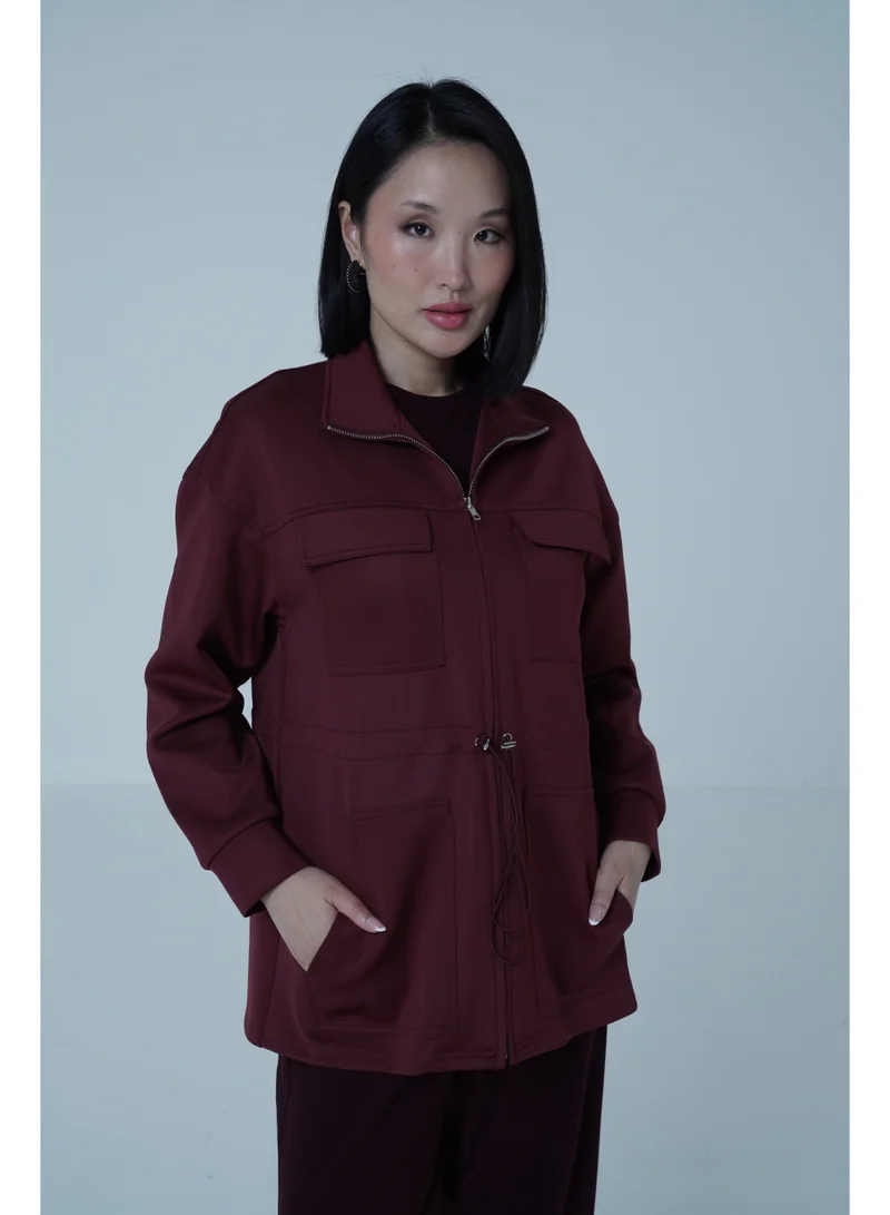 Ashita Fernandes  High-Neck Zip-Front Jacket – Burgundy for Women | Best Price UAE