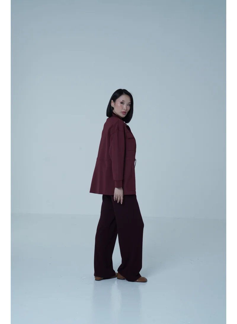 Ashita Fernandes  High-Neck Zip-Front Jacket – Burgundy for Women | Best Price UAE
