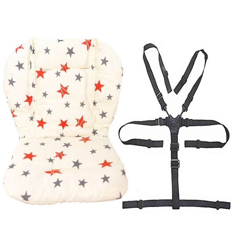Twoworld Baby High Chair Seat Cushion Liner Mat Pad Cover and High Chair Straps (5 Point Harness) 1 Suit (Stars) - Image 1