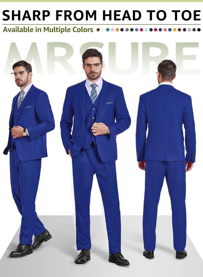 MrSure Men's 3 Piece Suit Blazer, Slim Fit Tux with One Button, Jacket Vest Pants & Tie Set for Party, Wedding and Business Royal Blue - Image 2