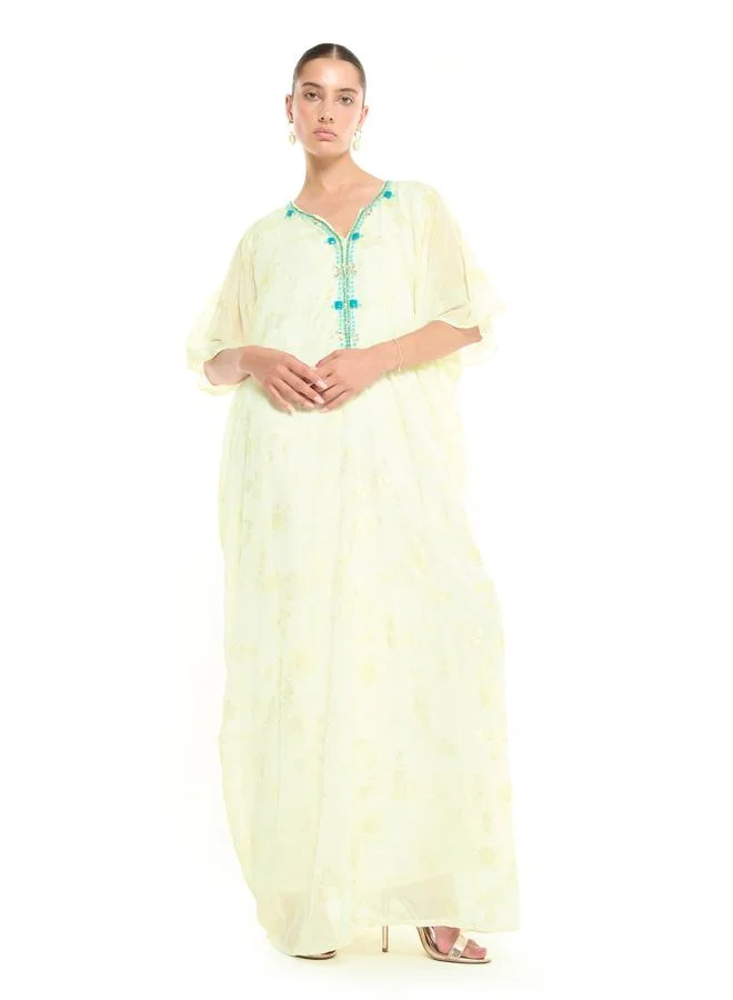 Thouq Cream A-Line Maxi Jalabiya with Turquoise Embroidery