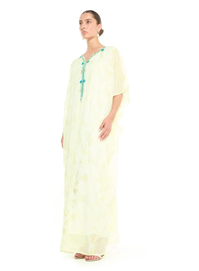 Thouq Cream A-Line Maxi Jalabiya with Turquoise Embroidery