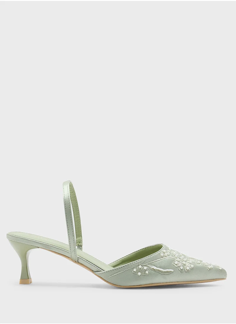 Ella Limited Edition Floral Embroidered Pearl Detail Pointy Backstrappump