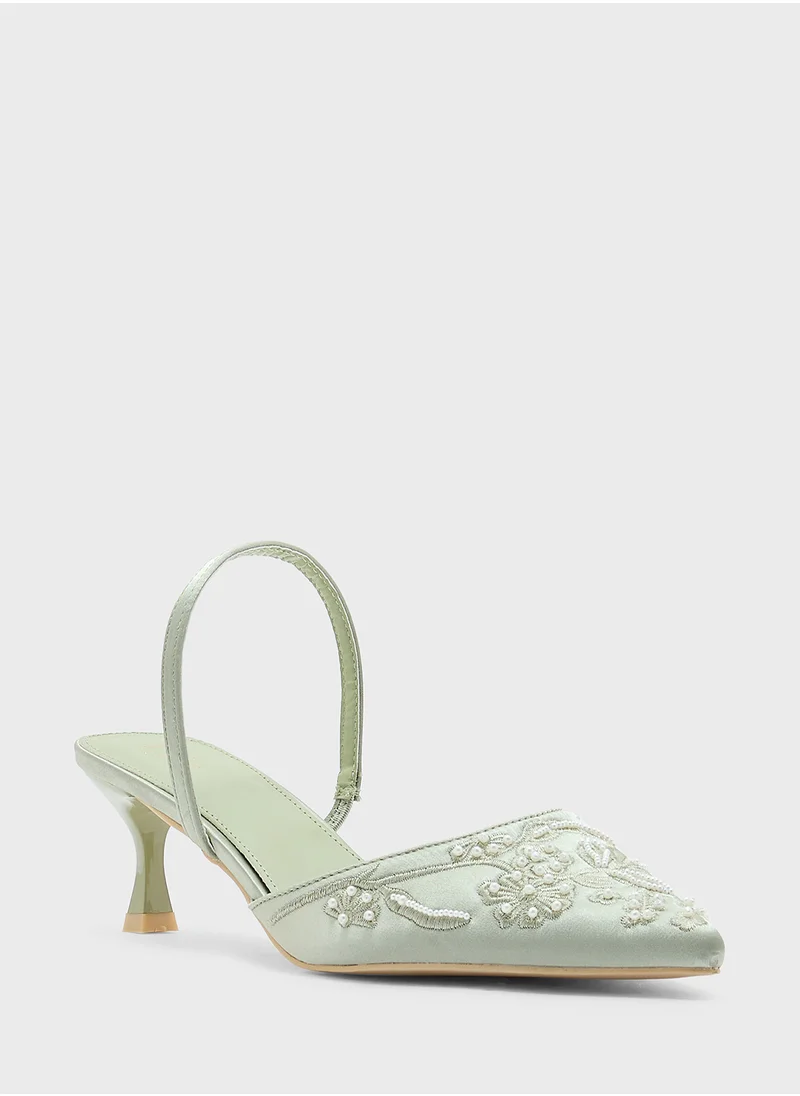 Ella Limited Edition Floral Embroidered Pearl Detail Pointy Backstrappump