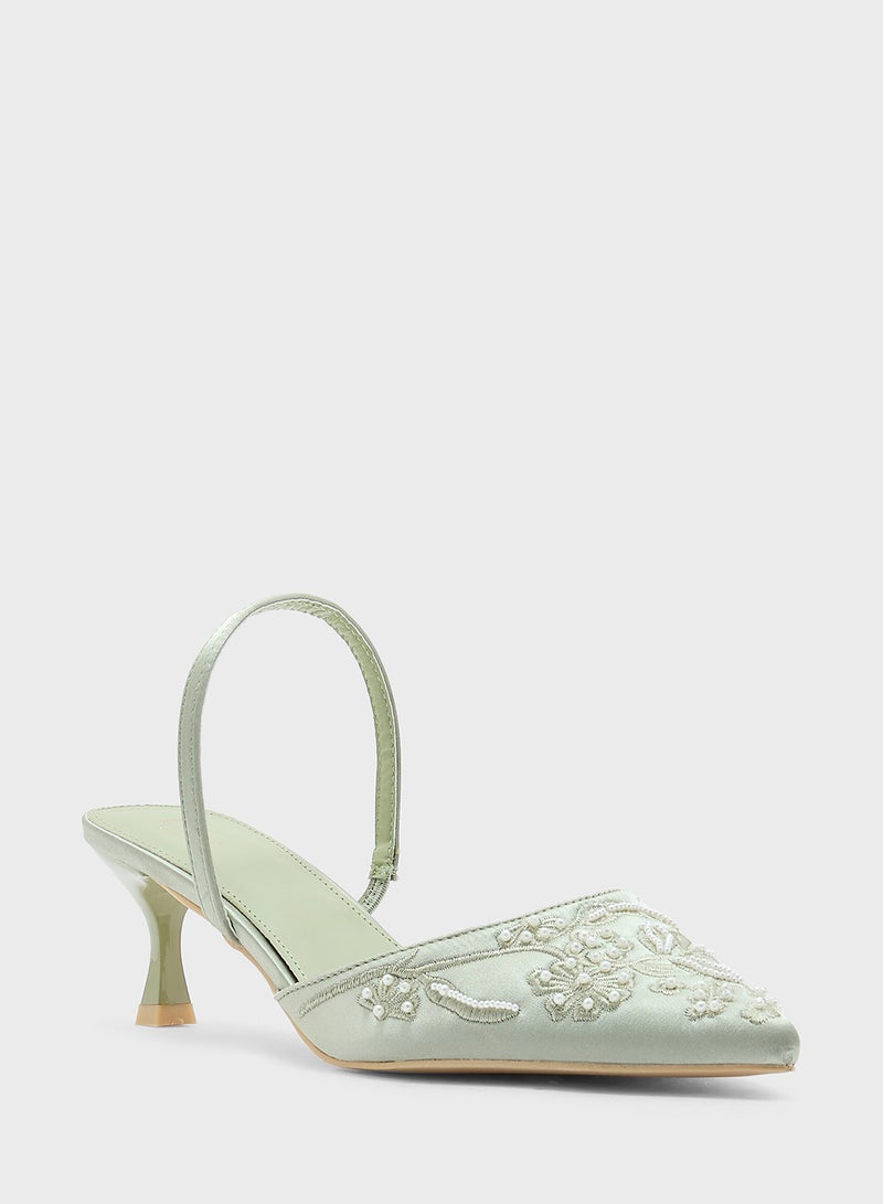 Ella Limited Edition Floral Embroidered Pearl Detail Pointy Backstrappump - Image 2