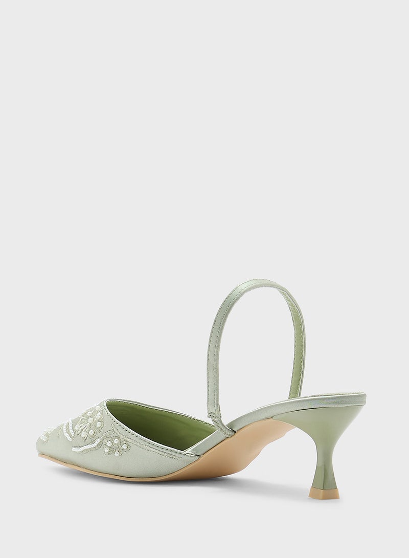 Ella Limited Edition Floral Embroidered Pearl Detail Pointy Backstrappump - Image 3