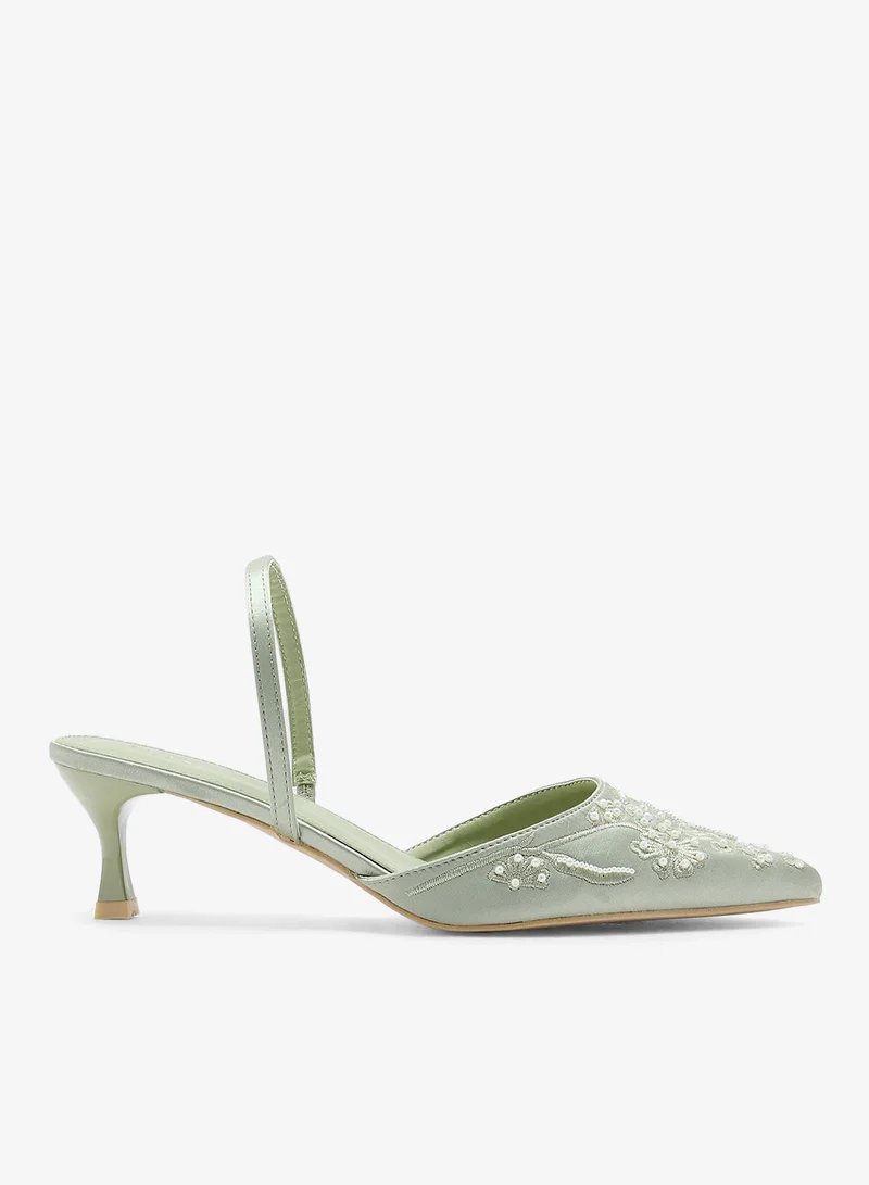 Floral Embroidered Pearl Detail Pointy Backstrappump