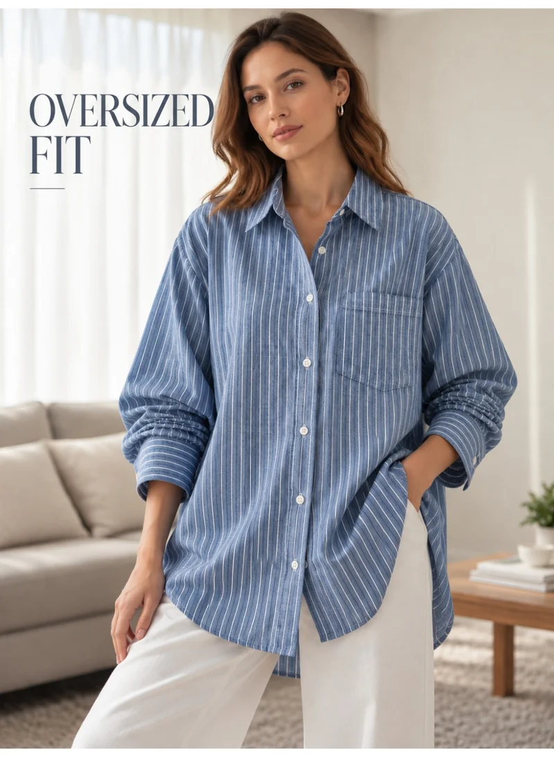 Victor And Jane Ladies Oversized Fit Fine Stripe Shirt