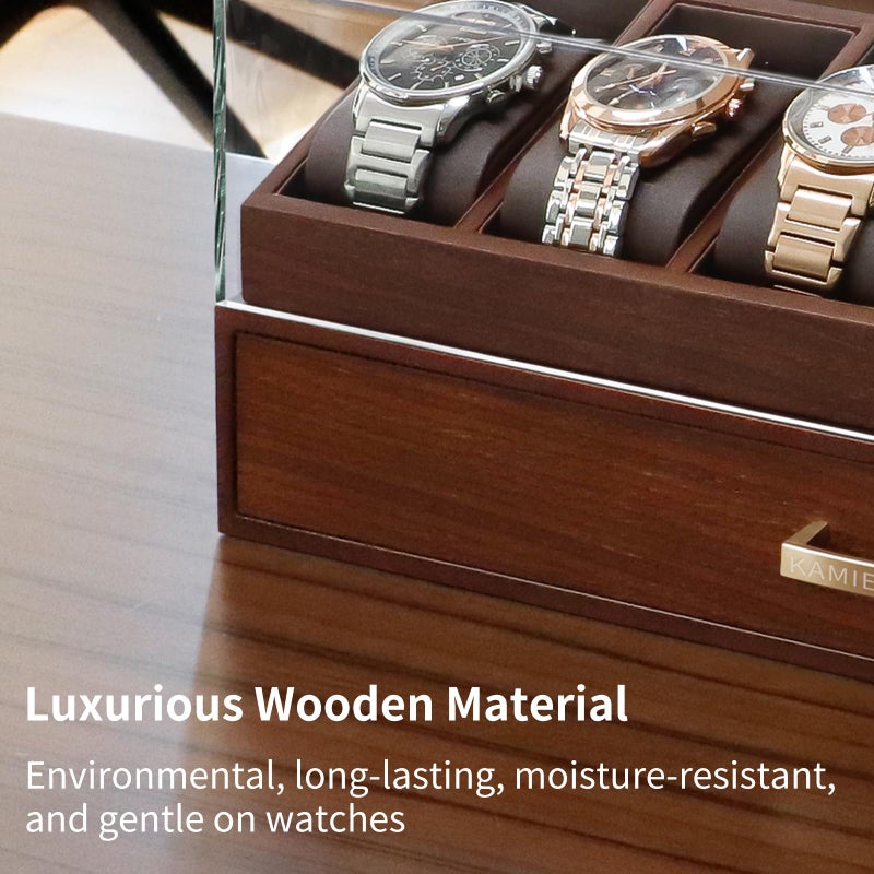KAMIER High End Wooden Watch Box with 6 Slots & Glass Lid - 2-Layer Jewelry Organizer for Men - Watch Display Case, Ideal Business Gift for Watch Enthusiasts ï¼ˆwith Gift Boxï¼‰ (6 Slots Black Walnut) - Image 4