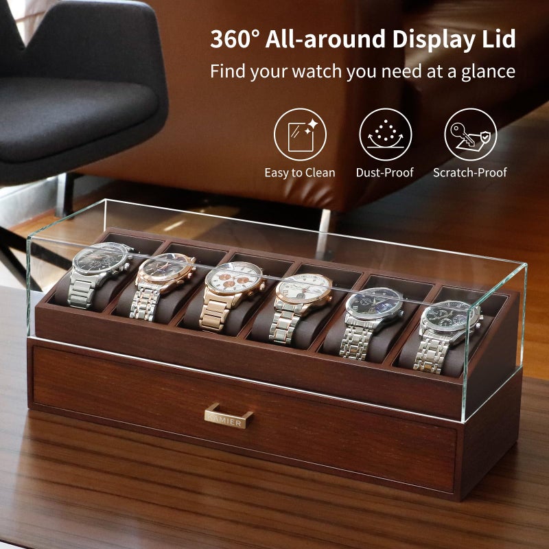 KAMIER High End Wooden Watch Box with 6 Slots & Glass Lid - 2-Layer Jewelry Organizer for Men - Watch Display Case, Ideal Business Gift for Watch Enthusiasts ï¼ˆwith Gift Boxï¼‰ (6 Slots Black Walnut) - Image 2