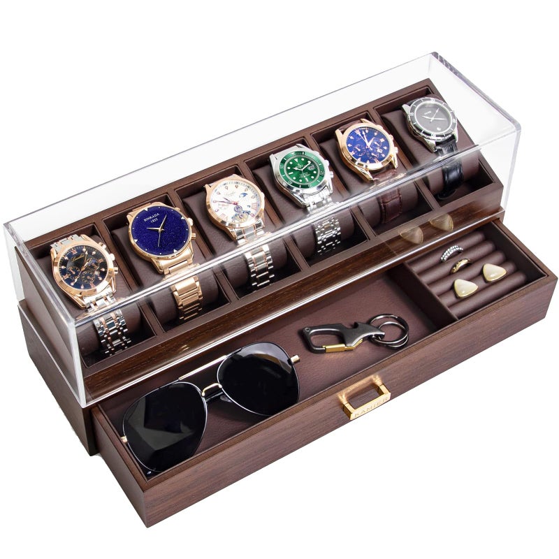 KAMIER High End Wooden Watch Box with 6 Slots & Glass Lid - 2-Layer Jewelry Organizer for Men - Watch Display Case, Ideal Business Gift for Watch Enthusiasts ï¼ˆwith Gift Boxï¼‰ (6 Slots Black Walnut) - Image 1