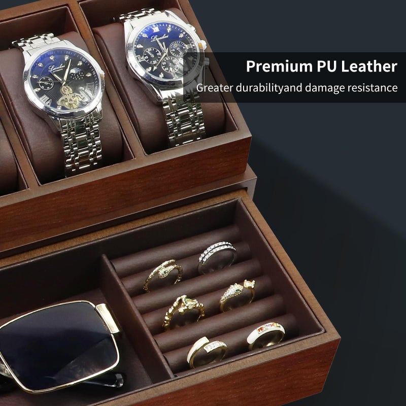 KAMIER High End Wooden Watch Box with 6 Slots & Glass Lid - 2-Layer Jewelry Organizer for Men - Watch Display Case, Ideal Business Gift for Watch Enthusiasts ï¼ˆwith Gift Boxï¼‰ (6 Slots Black Walnut) - Image 3