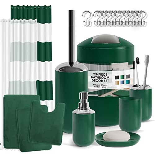 Clara Clark Bathroom Set  Green Bathroom Accessories Set Bathroom Sets with Shower Curtain and Rugs 23PC Shower Curtain Set with Liner Soap Dispenser Soap Dish Toilet Brush Holder and Trash Can