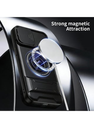 for iPhone 15 Plus Case Cover， Camera Sliding Window，Convenient-Bracket，Magnetic Suction Durability Four In One Protection Phone Case for iPhone 15 Plus，Black. - view 5