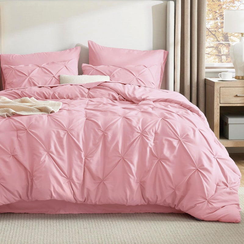 Bedsure Queen Comforter Set Baby Pink - Bed in a Bag Queen Size Bedding 7 Pieces, GentleSoftâ„¢ Pintuck Bed Set Gift for Family, Pinch Pleat All Season Comforter with Sheets, Pillowcases & Shams - Image 3