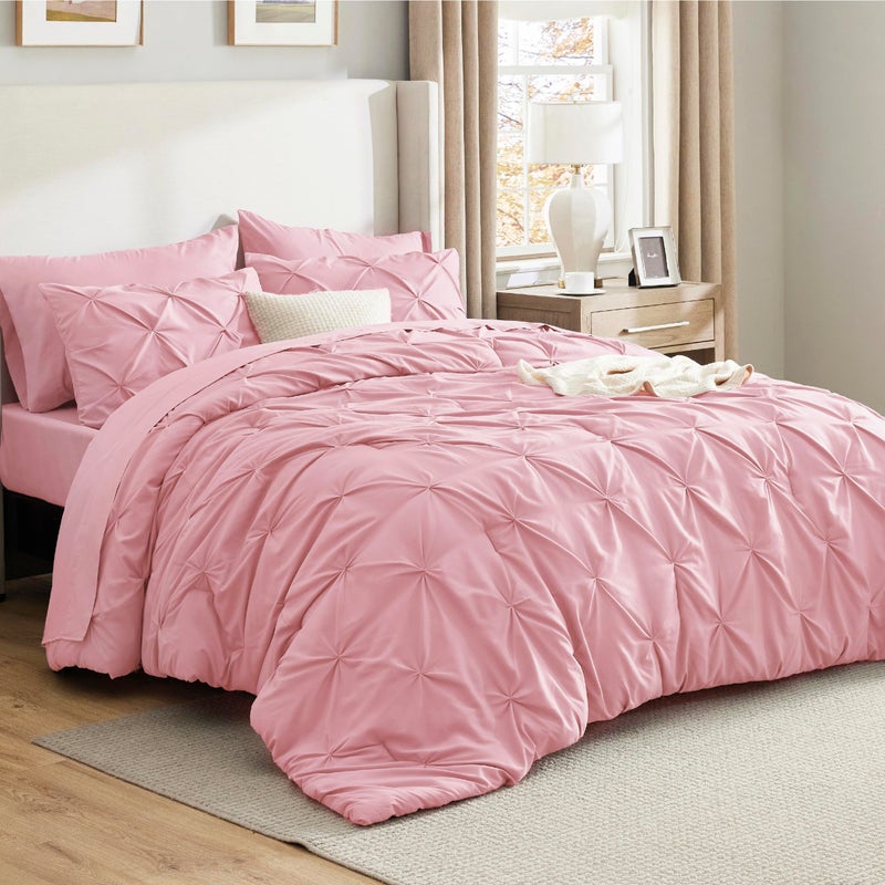 Bedsure Queen Comforter Set Baby Pink - Bed in a Bag Queen Size Bedding 7 Pieces, GentleSoftâ„¢ Pintuck Bed Set Gift for Family, Pinch Pleat All Season Comforter with Sheets, Pillowcases & Shams - Image 1
