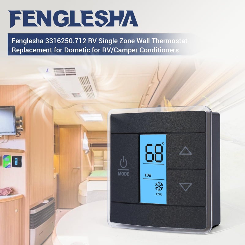 Fenglesha 3316250.712 Rv Single Zone Wall Thermostat Compatible With Dometic  Used For Cool/Heat/Furnace Control  Blue Backlight Lcd Display  Black 3-Wire - Image 2