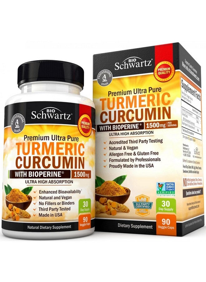 BioSchwartz كركم كركمين مع بيوبيرين 1500 ملغ دعم طبيعي للمفاصل مع 95% كركمين موحد مستخلص فلفل أسود لامتصاص فائق القوة غير معدل وراثيًا خالي من الغلوتين 90 كبسولة - Image 1