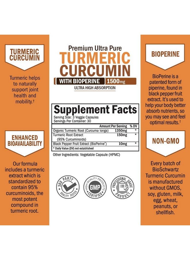 BioSchwartz كركم كركمين مع بيوبيرين 1500 ملغ دعم طبيعي للمفاصل مع 95% كركمين موحد مستخلص فلفل أسود لامتصاص فائق القوة غير معدل وراثيًا خالي من الغلوتين 90 كبسولة - Image 3