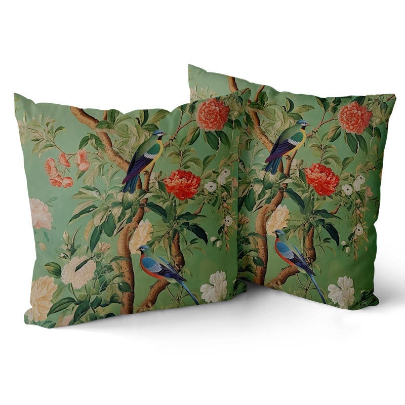 Sweetshow Green Chinoiserie Pillow Cover 18x18 Inch Vintage Bird Flower Throw Pillow Covers Farmhouse Floral Decorative Pillowcase Outdoor Cotton Square Cushion Cover for Couch Sofa Bedroom Decor (Pack of 2) - Image 1