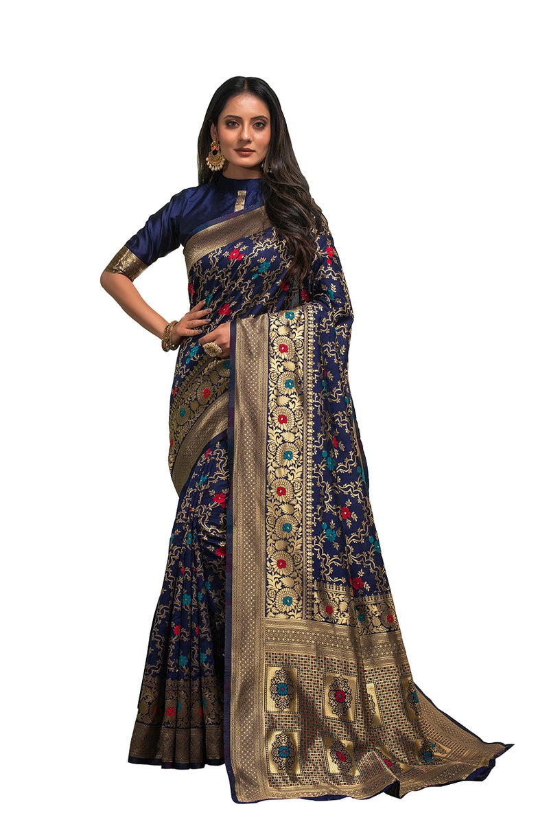 Lilots Women's Designer Banarasi Silk Jacquard Saree With Blouse Piece (Navy Blue) - Image 1